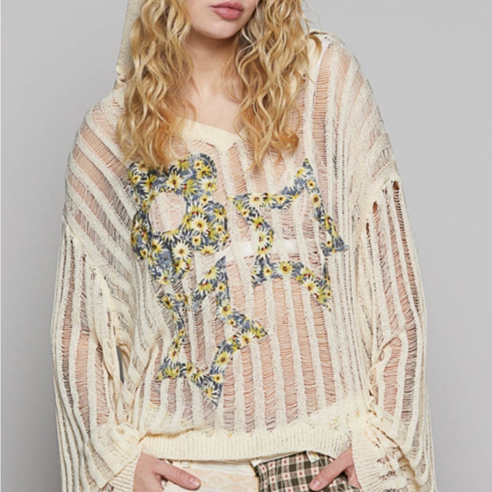 New POL Oversized Sheer Floral Patched Hoodie In Creme Color